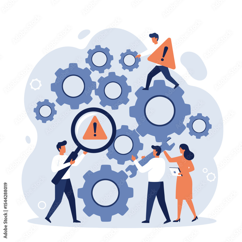 Poster animated image depicts workers fixing gears with warning signs and tools