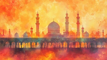 Vibrant Sunset Over Mosque Silhouette with Dramatic Color Palette