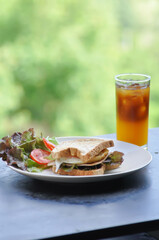 ham and cheese sandwichor egg sandwich with salad and orange black coffee