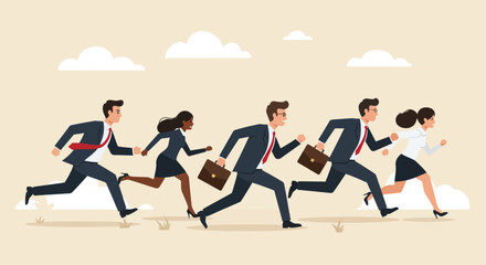 Five business people run forward a mix of genders suit attire briefcases and outdoor setting with sparse ground cover