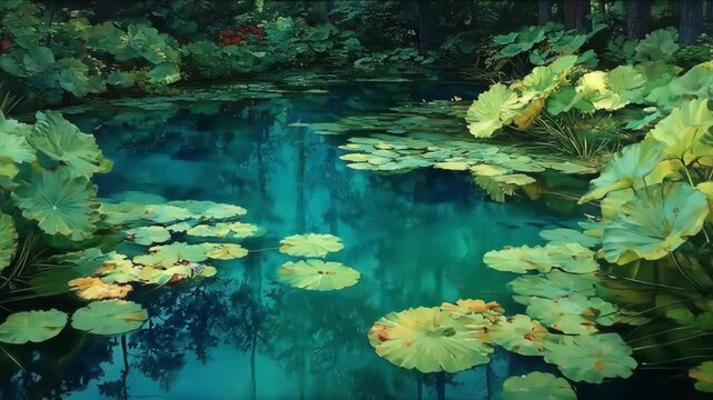 Tranquil Spring with Lush Lily Pads.