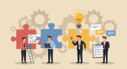 Business team merges puzzle pieces  gears presenting graphs bulb checklist phone  chat bubbles in a cohesive beigetoned scene