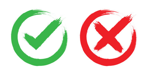 Dirty grunge tick OK check marks  and cross x  in check boxes. Symbols YES and NO button, sketch checkmarks   -  Vector illustration.