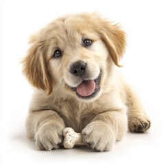 Obraz premium Adorable golden retriever puppy joyfully playing with a bone, showcasing playful spirit and innocence in a bright setting