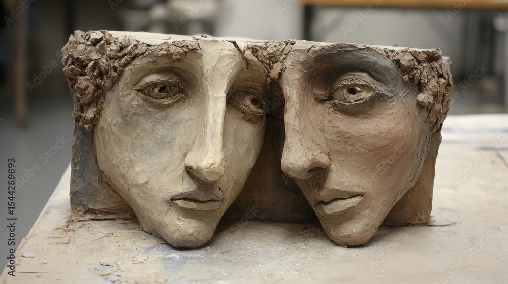Poster Blended Dual Expressions Captured on a 3D Clay Face Showcasing Intricate Details and Artistic Creativity in a Studio Setting