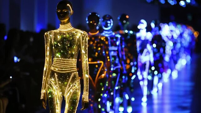 Glowing models in futuristic, luminous outfits walk a runway