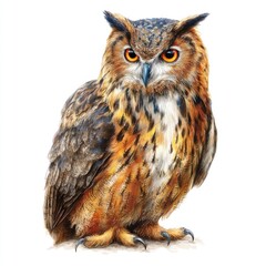 Naklejka premium Detailed depiction of a majestic owl with striking orange eyes and textured plumage perched on a branch in a natural setting