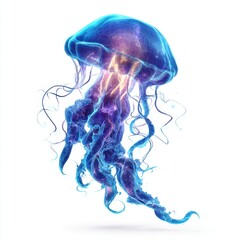 Ethereal Blue Jellyfish with Electric Glow in a Clear Background of Water and Light Effects for Nature and Science Visuals