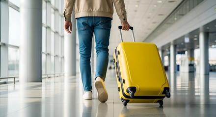 Person walking with yellow suitcase in airport terminal near large windows and columns