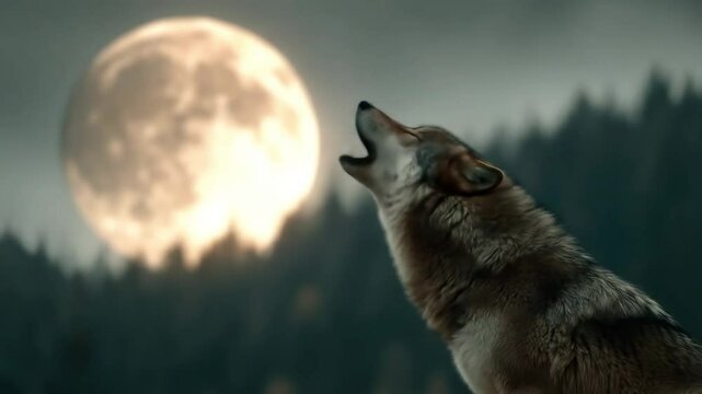 Wolf howling at full moon with forest.