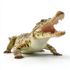 Fototapeta premium Realistic model of crocodile with open mouth displaying sharp teeth and detailed skin texture on a white background