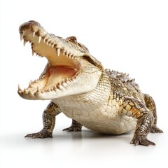 Obraz premium Fierce Alligator with Open Mouth Showcasing Powerful Teeth and Textured Scales Against a Clean White Background