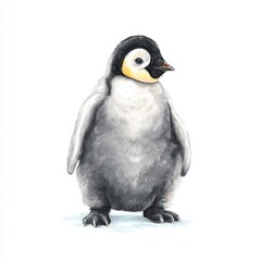 Obraz premium Cute and Adorable Baby Penguin Standing on Ice with Fluffy Feathers in a Bright White Background