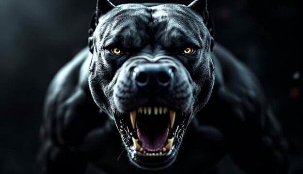 Intense Black Pit Bull, Glowing Eyes, Aggressive Posture, Powerful Canine