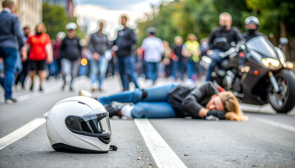 Injured motorcyclist lying on road with a helmet beside, blurred crowd gathering, realistic urban background, emergency mood

