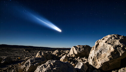 View of a comet from the surface of a moon, comet tail cutting across the sky, barren rocky foreground, realistic lighting


