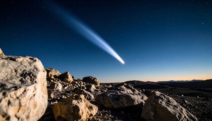 View of a comet from the surface of a moon, comet tail cutting across the sky, barren rocky foreground, realistic lighting

