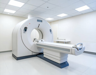 Wide shot of empty CT scanner in modern medical room, bright overhead lighting