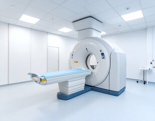 Wide shot of empty CT scanner in modern medical room, bright overhead lighting