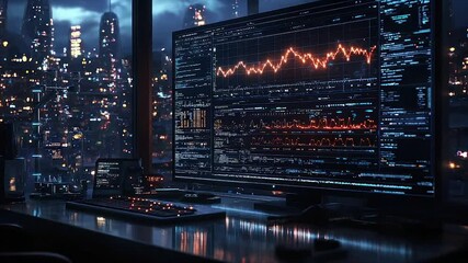 Futuristic cityscape view from a tech-filled workspace showing financial data on a large monitor - Powered by Adobe