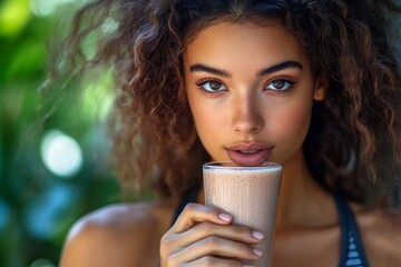 Young athletic woman drinking a protein shake after a workout, using it as a meal replacement for muscle recovery and nourishment., Generative AI