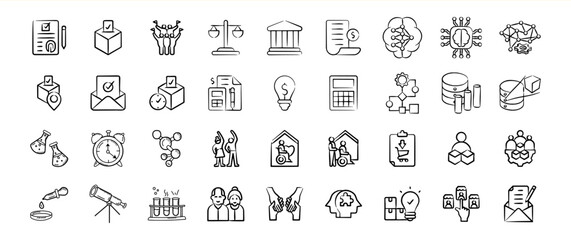Collection of Hand Drawn Black and White Icons Business Finance Science Voting