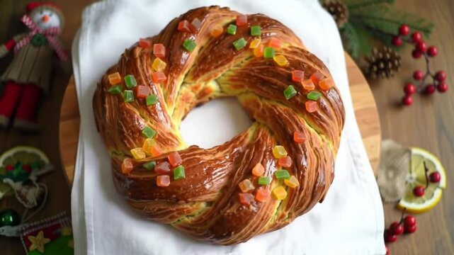 Flat Editorial Shot of Mexican Rosca de Reyes with Candied Fruits