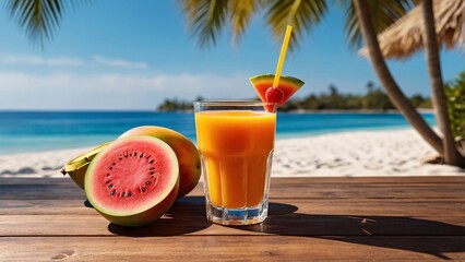 Obraz premium Refreshing Watermelon Juice on a Tropical Beach Summer Vacation Drink