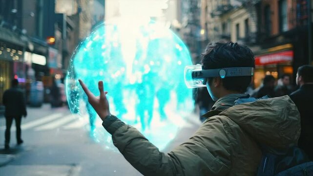 Man in VR headset interacts with holographic globe in city - Powered by Adobe