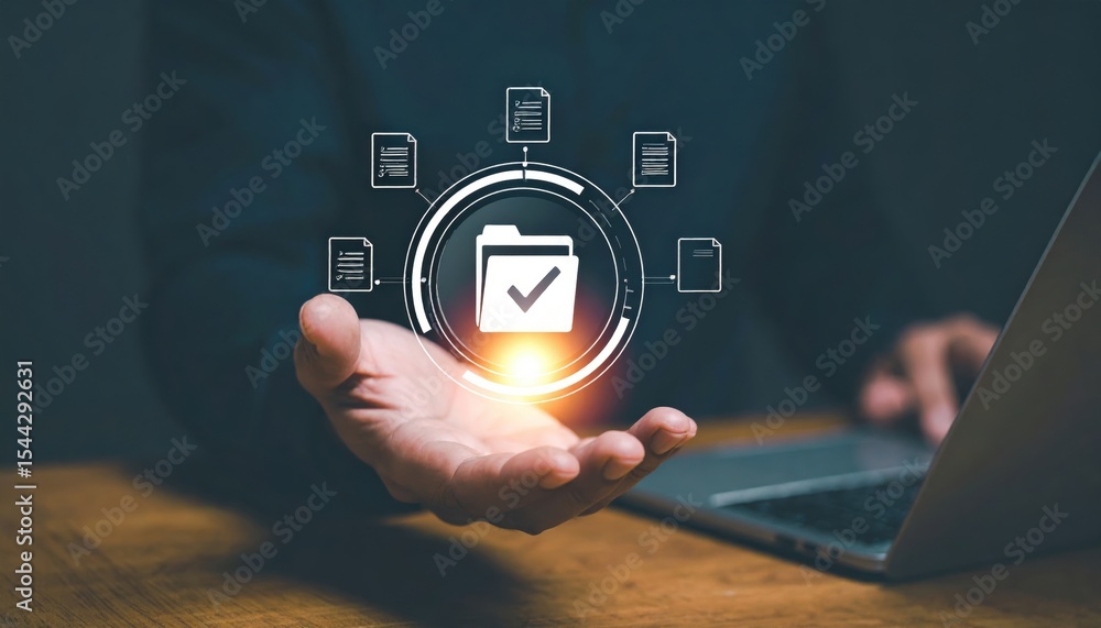 Poster modern digital document management concept with folder icon and checkmark over hand in office enviro