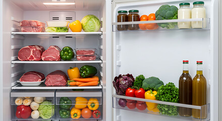 Well-Stocked Refrigerator with Fresh Produce and Meats