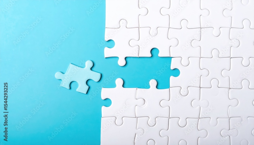 Poster white puzzle pieces on a blue background with a missing piece ready to fit, symbolizing problem solv