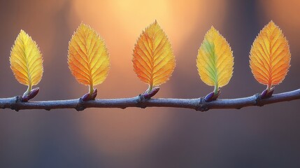 Golden Leaves on Branch in Sunlight Macro Autumn Nature Illustration