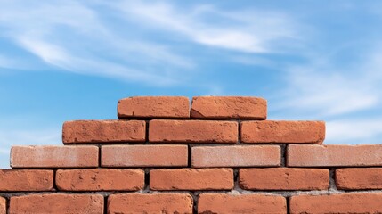 Obraz premium Stacked Brick Wall Against Bright Blue Sky with Fluffy White Clouds
