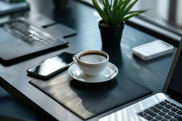 Premium Quality Image of Workspace with Coffee and Digital Devices