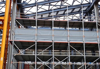 Construction scaffolding, metallic framework, industrial setting,  material,  structure