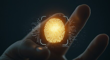 Finger Reaching Toward Illuminated Fingerprint Icon on Circuit Board Representing Biometric Security. 