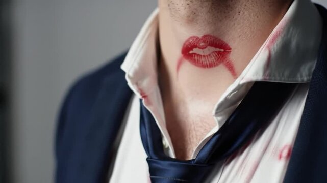 Red Lipstick Kiss Mark on Man's Neck
