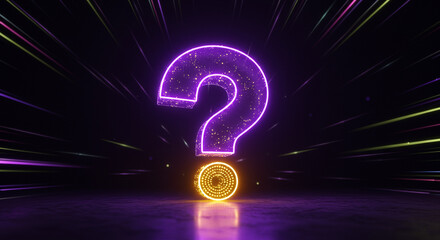 Electric purple neon question mark floating above glowing yellow lights, surrounded by radiant energy beams on a deep abstract dark background

