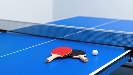 a blue ping - pong table holds red and black paddles and a white ping - pong ball. The net has a white frame with red characters, presenting a simple and realistic sports scene.