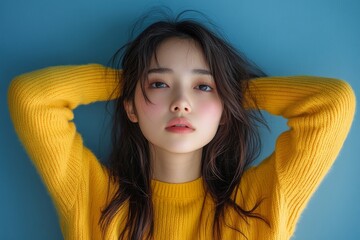 Young Asian female feeling dizzy after standing too fast, experiencing symptoms of low pressure., Generative AI