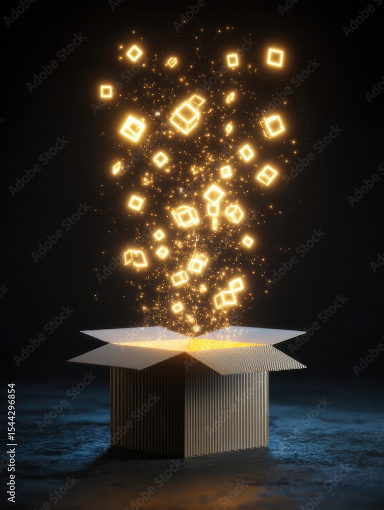 Aufkleber Glowing Shapes Erupt From a Box in a Dark Environment Creating a Mesmerizing Display