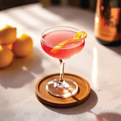 Pink Cocktail with Lemon Twist – Artistic Drink Illustration in Coupe Glass with Sunlit Lemons and Bottle in Background