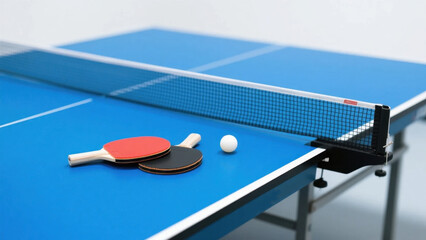a blue ping - pong table holds red and black paddles and a white ping - pong ball. The net has a white frame with red characters, presenting a simple and realistic sports scene.