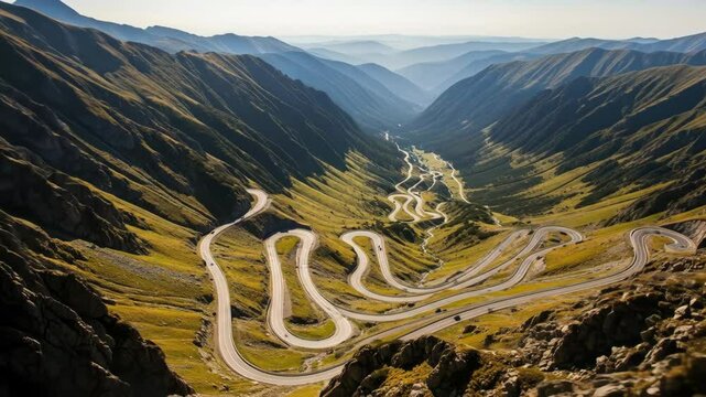 Winding Mountain Road Through Valley - An aerial view captures a serpentine road weaving through a picturesque mountain valley.
