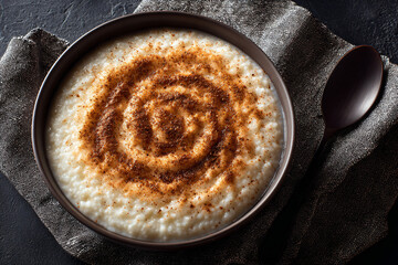 a bowl of rice pudding with cinnamon sprinkles