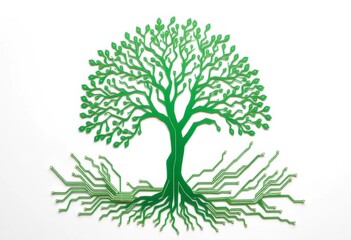Obraz premium Intricate green paper cut tree with circuit board roots, isolated on white, art, innovation