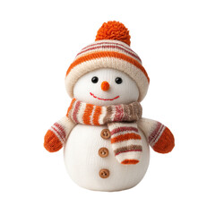 Fototapeta premium Cheerful knitted snowman with orange hat and scarf, perfect for winter decor and holiday celebrations Transparent background or png