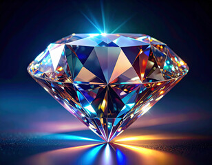 A finely cut diamond rests against a dark background, its facets catching light in rich rainbow tones. The crystalline geometry and multicolored reflections emphasize luxury and impeccable craftsmansh