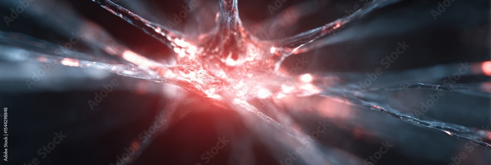 Poster close-up abstract representation of synaptic space showcasing vibrant light pulses and intricate neu
